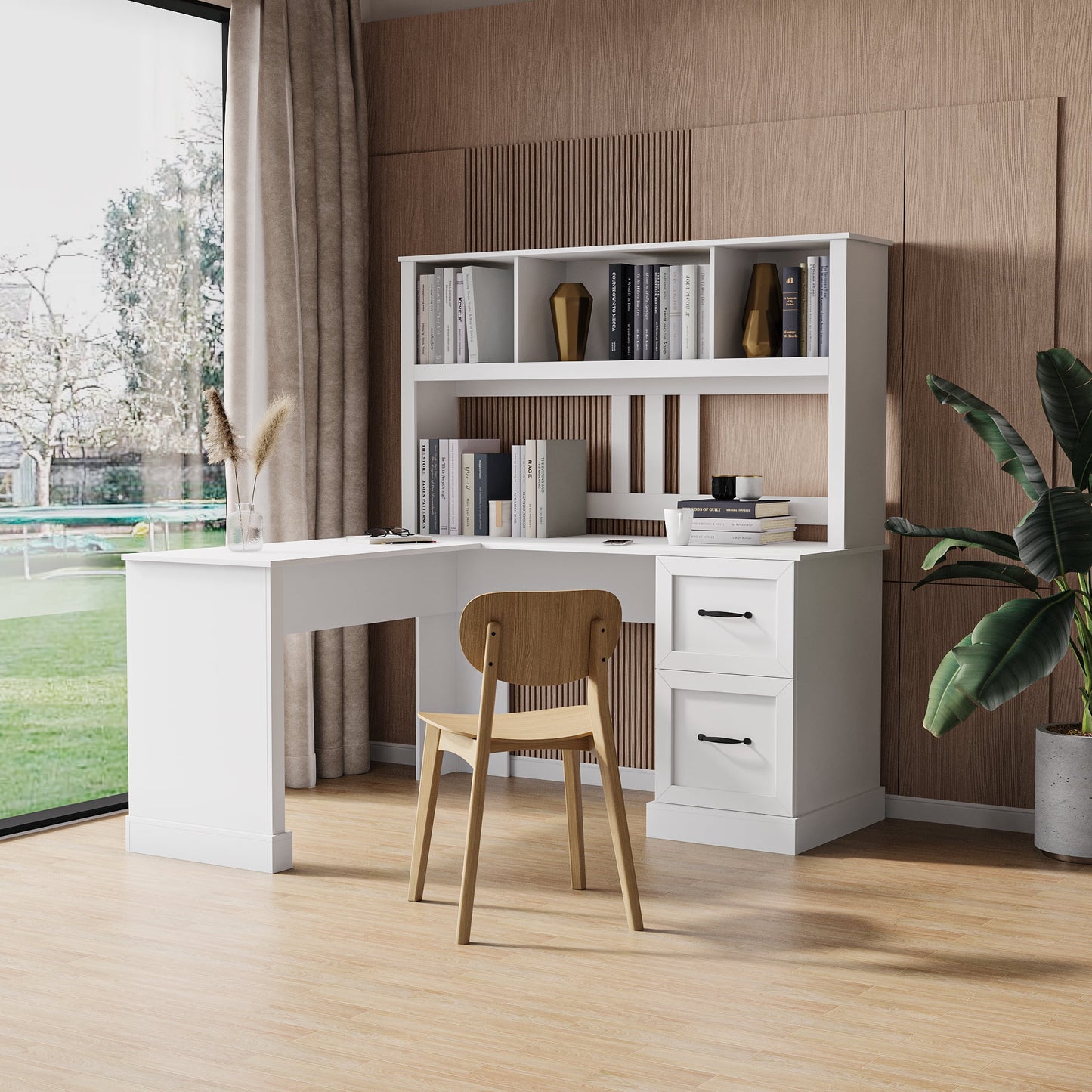 GAKMCIL 59.84"(L) Computer Desk with 2-tier open Hutch, 2 large drawer, Wooden Home Office Desk, Executive Desk, Large Writing Desk, Space-Saving Design for Study or Bedroom Workspace (White)