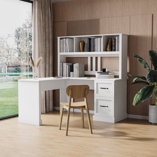GAKMCIL 59.84"(L) Computer Desk with 2-tier open Hutch, 2 large drawer, Wooden Home Office Desk, Executive Desk, Large Writing Desk, Space-Saving Design for Study or Bedroom Workspace (White)