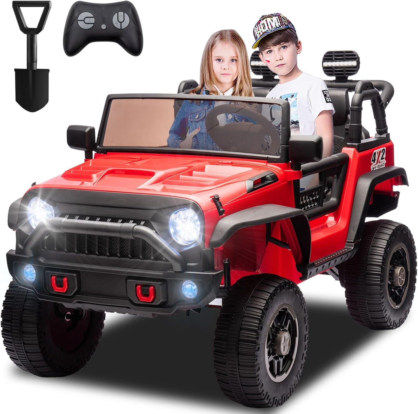 POWANLI 24V 2 Seater Ride on Toys for Kids, Electric Truck w/Remote Control, 20.28" Wide Seat, 2x200W Motor, 5 Mph Max Speed, Bluetooth, MP3, Belts, Lights, Power Car Wheels for Boys and Girls, Red