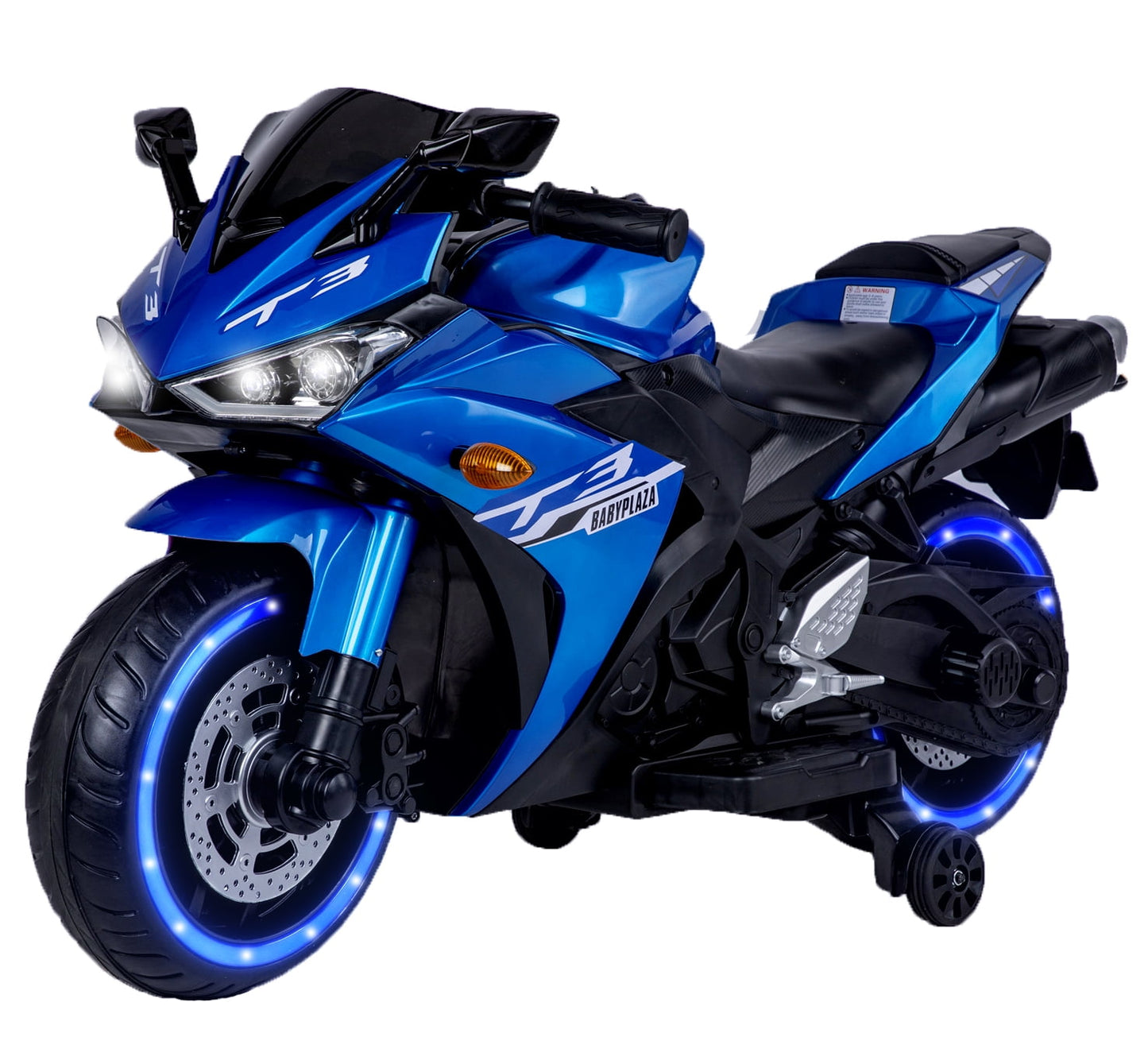 POVANLI 12V Kids Electric Motorcycle with Slow Start,Power Display,Manual Throttle,Light Dashboard,Training Wheels,Lighting Wheels,Bluetooth,USB,MP3,Early Education for Children Aged 3-6,Gift(Blue)
