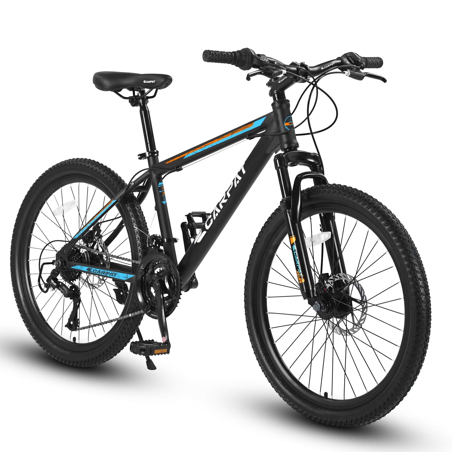 POWANLI 26" Steel Frame Mountain Bike for Boys Girls, with 21 Speeds Dual Disc Brakes and Front Suspension MTB, Black&Blue (Gift)