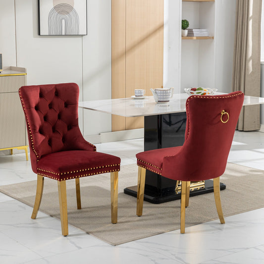 GAKMCIL Velvet Dining Chair, Tufted Button Padded Chairs (Set of 2) with Nailhead Trim and Golden Stainless Steel Plating Solid Wood Legs, 300lb Load for Dining Room and Kitchen (Burgundy)