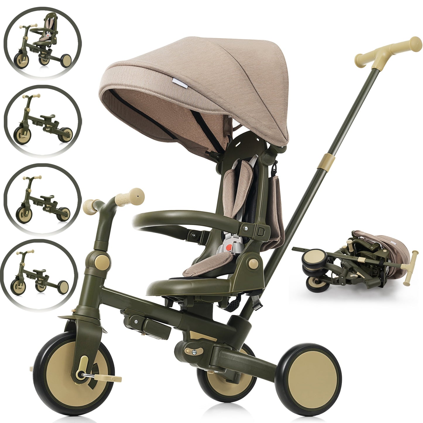 POVANLI 7 in 1 Baby Tricycle Foldable Toddler Tricycle w/Removable and Adjustable Parent Handle,Toddler Push Bike with Removable Pedal,Canopy and Guardrail,Tricycle for 12-72 Months Dark Green