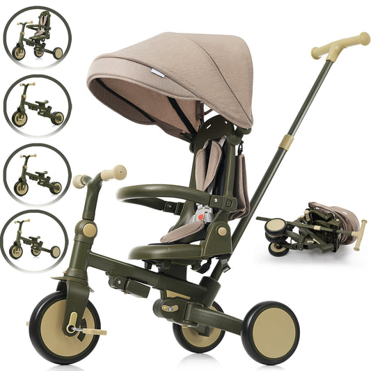 POVANLI 7 in 1 Baby Tricycle Foldable Toddler Tricycle w/Removable and Adjustable Parent Handle,Toddler Push Bike with Removable Pedal,Canopy and Guardrail,Tricycle for 12-72 Months Dark Green