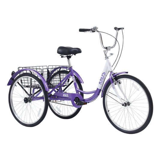 POVANLI Versatile 24'' 3-Wheel Bicycles Adult Tricycle with storage Basket for Convenience and Utility, Load capacity 330lb, Suitable for height 4'11'' - 5'9'', Purple (Gift)