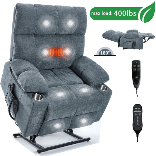 GAKMCIL Large Dual Motor Position Power Lift Chenille Recliner Chair with Heating and 3 Massage 8 vibrating nodes(back, lumbar, thighs, legs), 3 Timing function, Steel Cup Holders, Gift (Grey-Blue)