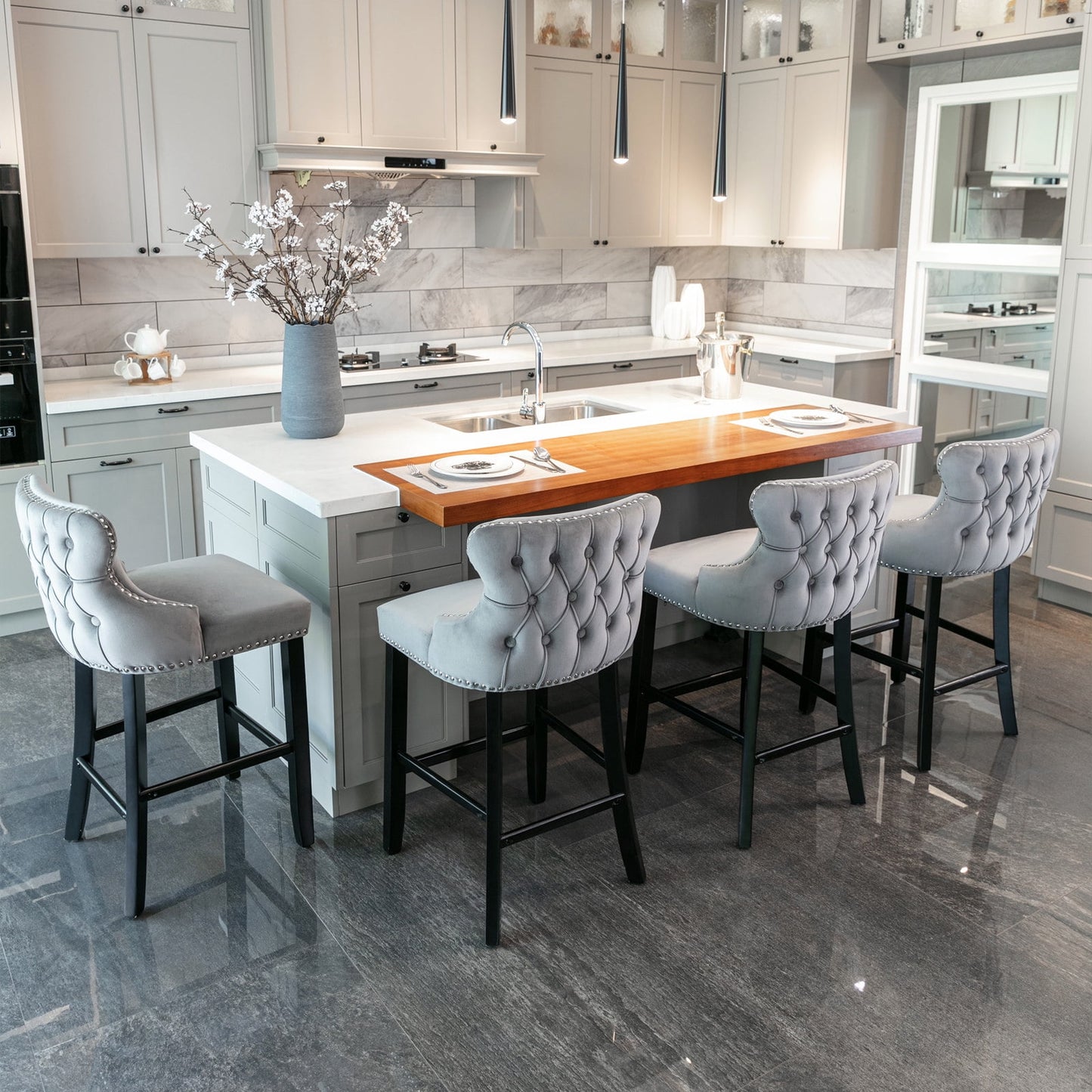 GAKMCIL Velvet Upholstered Wing-Back Barstools, Counter Height Solid Wood Bar Chairs with Button Tufted, Chrome Nailhead Trim, Wooden Legs, 300lb Load for Kitchen, Dining Room, Pub (Set of 4, Gray)