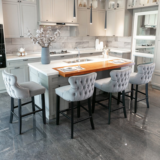 GAKMCIL Velvet Upholstered Wing-Back Barstools, Counter Height Solid Wood Bar Chairs with Button Tufted, Chrome Nailhead Trim, Wooden Legs, 300lb Load for Kitchen, Dining Room, Pub (Set of 4, Gray)