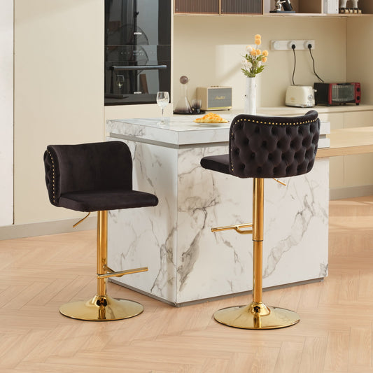 GAKMCIL Velvet Upholstered Swivel Bar Stools with Adjustable Seat Height, Footrest, Golden Chrome Base, Button Tufted Back, Rivets Trim, 300lb Load for Home Pub, Kitchen Island (Set of 2, Black)