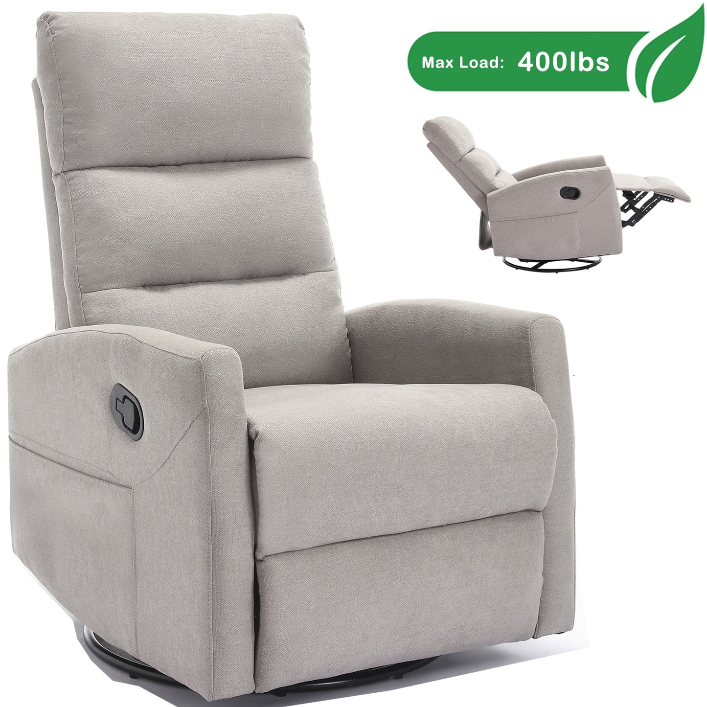 GAKMCIL 360 degree Swivel Manual Recliner Rocking Chair in Fabric with Rocker and Side Pocke, Maximum inclination 155 degrees, Max load 400lb for Living Room, Bedroom, Home Theater, Gift (Light Gray)