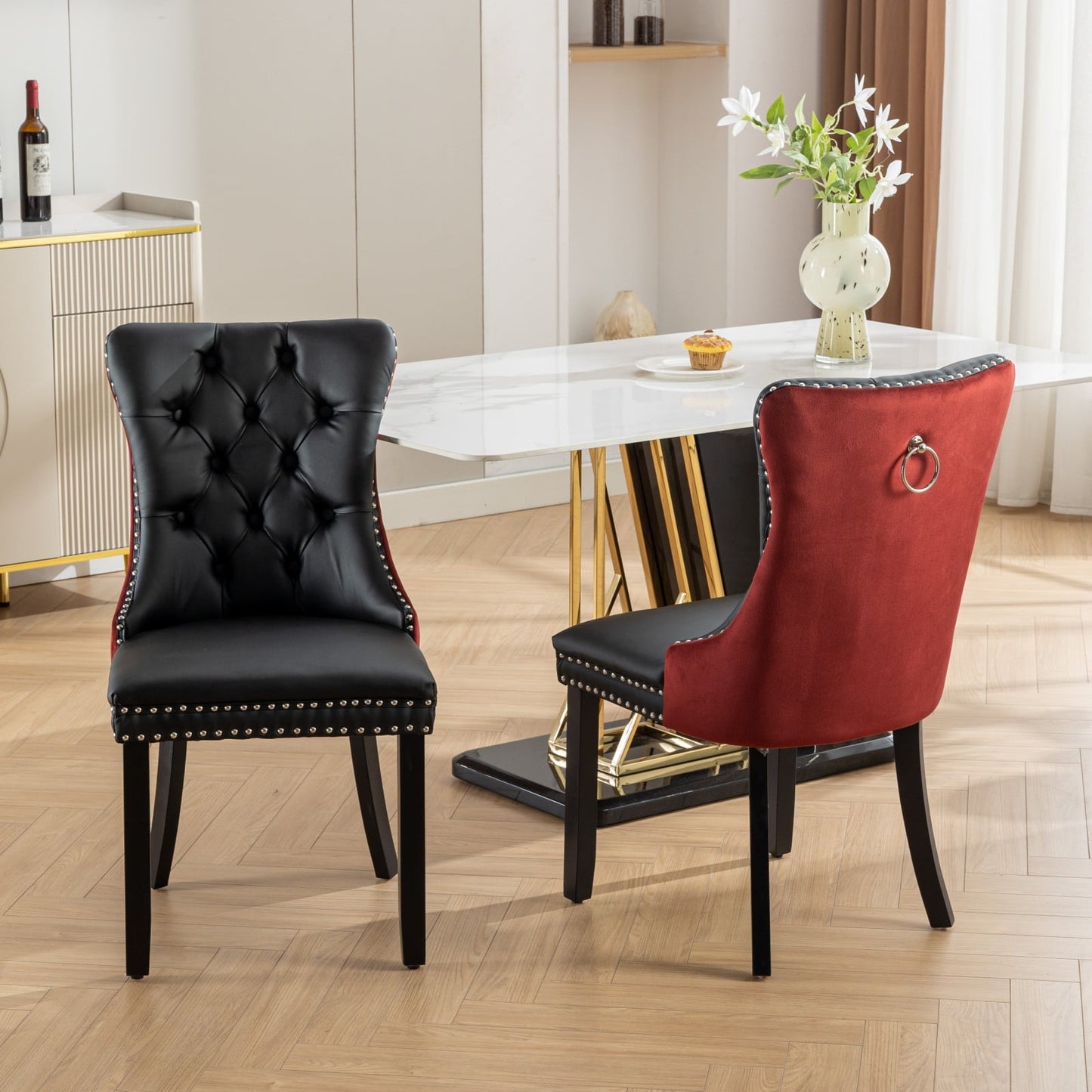 GAKMCIL PU Leather Dining Chairs(Set of 2),Modern Velvet Dining Chair with Nailhead Back and Ring Pull Trim,Solid Wood Legs,350lb Load for Dining Room,Kitchen and Living Room(Black&Burgundy)