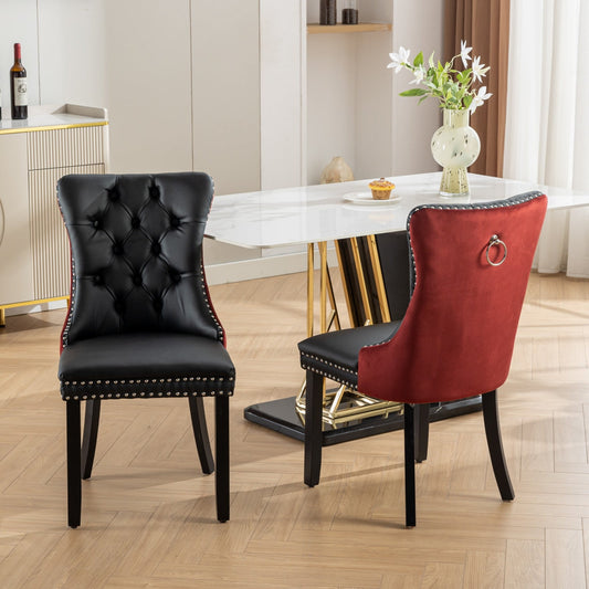 GAKMCIL PU Leather Dining Chairs(Set of 2),Modern Velvet Dining Chair with Nailhead Back and Ring Pull Trim,Solid Wood Legs,350lb Load for Dining Room,Kitchen and Living Room(Black&Burgundy)