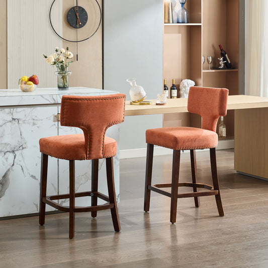 GAKMCIL Farmhouse Linen Fabric Upholstered Barstools with Curved Backrest, Copper Nails around, Hardwood Frame, Weight Capacity 300lbs for Home Pub and Kitchen Island (Set of 2, Orange)