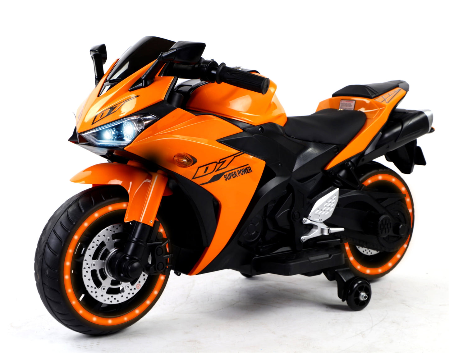POVANLI 12V Kids Electric Motorcycle with Slow Start,Power Display,Manual Throttle,Light Dashboard,Training Wheels,Lighting Wheels,Bluetooth,USB,MP3,Early Education for Children Aged 3-6,Gift(Orange)