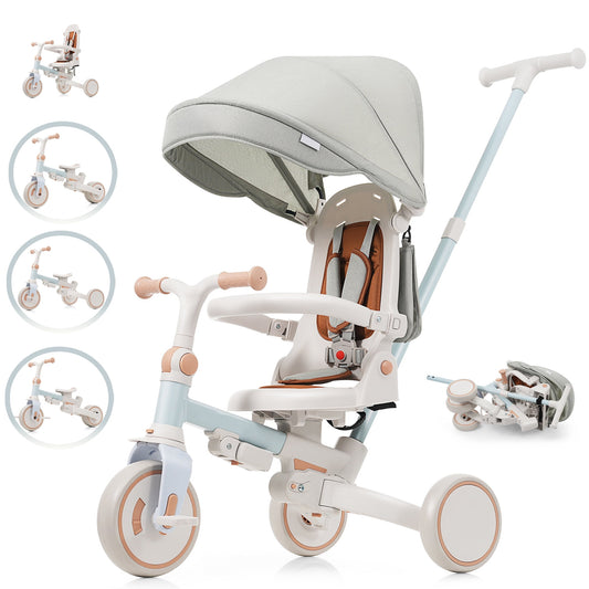 POVANLI 7 in 1 Baby Tricycle Foldable Toddler Tricycle w/Removable and Adjustable Parent Handle,Toddler Push Bike with Removable Pedal,Canopy and Guardrail,Tricycle for 12-72 Months Blue