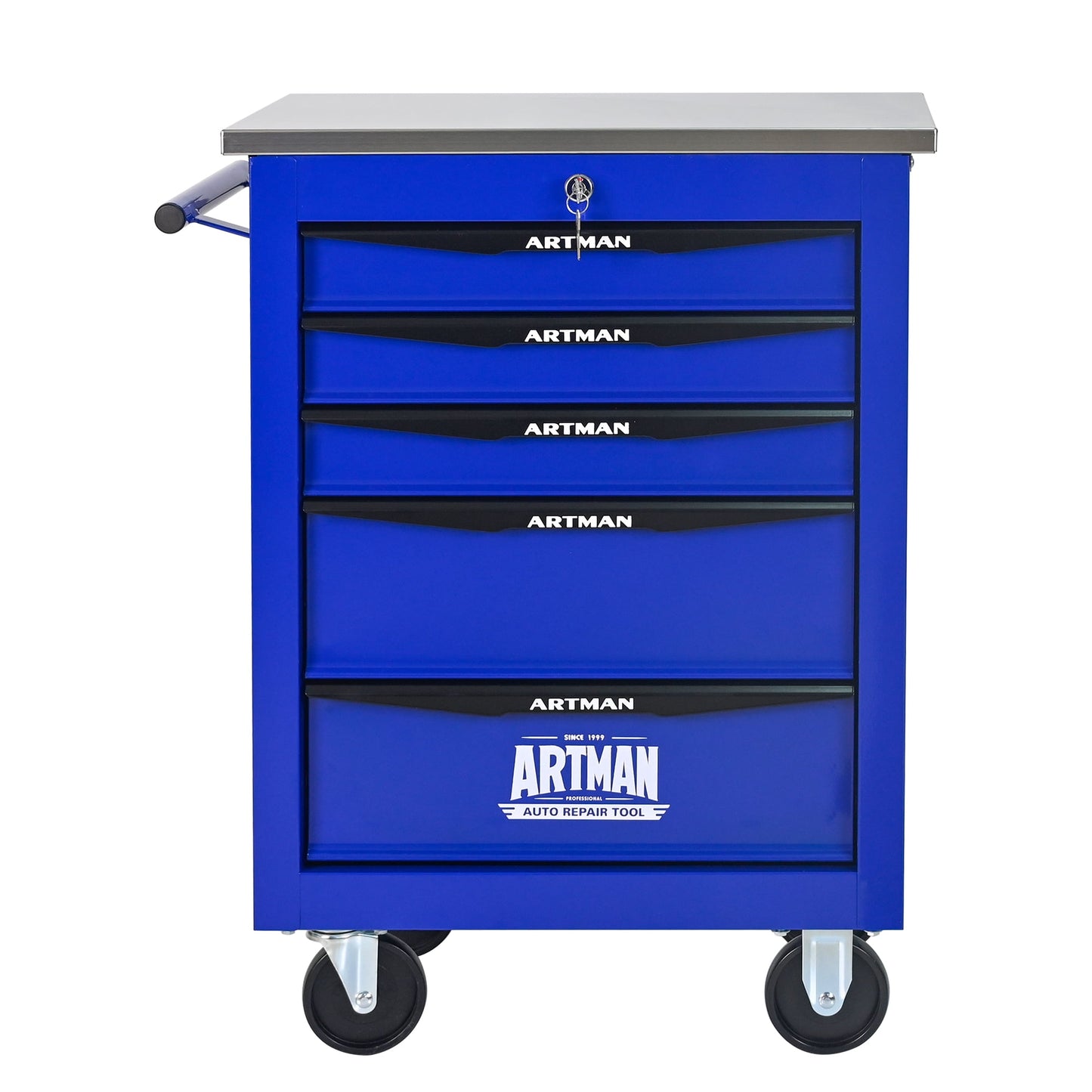 POVANLI 5 Drawer Portable Tool Cart with Stainless Steel Roof, Key Locking and 4 Steering Wheels (2 with Parking Brakes), Steel Tool Box, 200lbs Load for Garage, Workshop and Repair Shops (Blue)