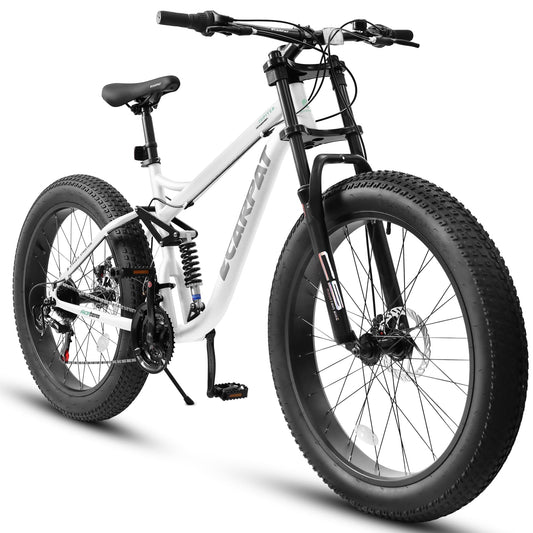 POWANLI 26 inch Mountain Bike,Full-Suspension 21 Speeds Drivetrain with Disc-Brake MTB Bicycle, 26*4" Fat tire Bike for Men or Women ages 14+,Adjustable saddle,Arrives 85% assembled,,Gift(Black)