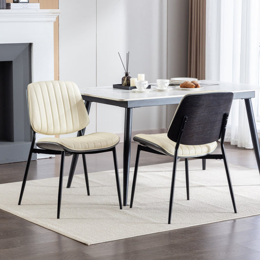 GAKMCIL Mid Century Modern PU Dining Chairs, Retro Faux Leather Upholstered Chair (Set of 2) with Walnut Bentwood Back and Metal Legs, 300lbs Load for Dining Room, Kitchen and Living Room (Beige)