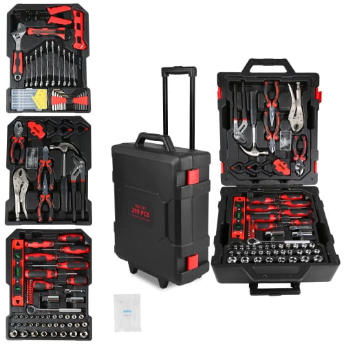 CAMSCH 299 Piece Tool Kit with Rolling Tool Box Socket Wrench Hand Tool Set Mechanic Case Trolley Portable black