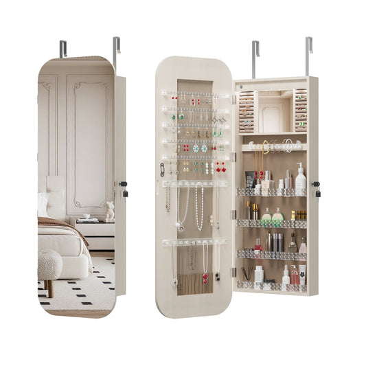 GAKMCIL Door or Wall Mounted Jewelry Armoire Organizer, Lockable Storage Jewelry Cabinet with Full Length Mirror, Interior Mirror, Shelves, Ring Slots, Hooks (White)