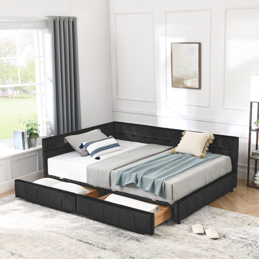 GAKMCIL Full Size Upholstered Tufted Bed Frame,Sofa Velvet Bed Frame with Comfortable Backrest and Armrests,Daybed for Bedroom, Living Room Black(80.5''*59''*29.5'')
