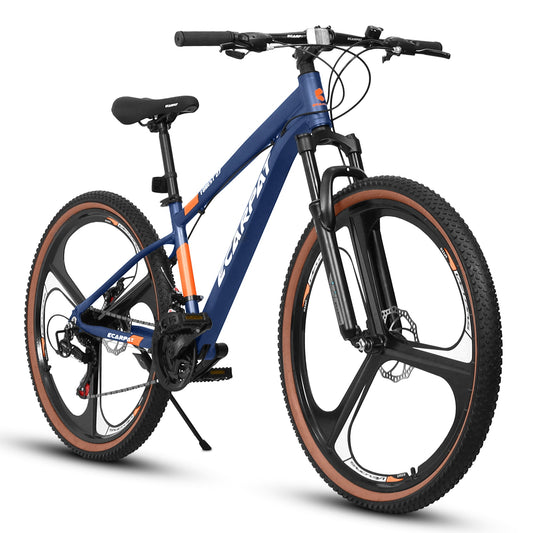 POWANLI 27.5" Aluminum Mountain Bike for Men and Women, 21 Speeds MTB with Dual Disc Brakes, Lock-Out Suspension Fork, Mens Mountain Bike Bicycle, Easy to Assembly, Blue&Orange(Gift)