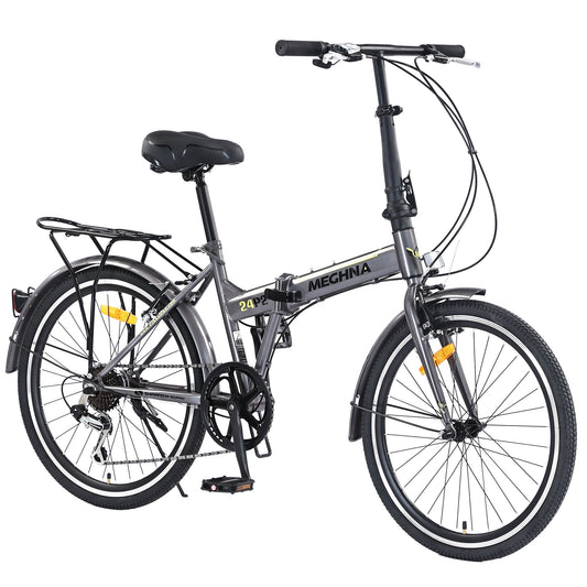 POVANLI 24 inch Folding City Commuting Bicycle for 5'1"-6'6" Adult, 7 Speed Lightweight Durable Steel Frame Bike with Derailleur, V Brakes & Anti-Slip Tires for Men, Women, Students for Gift (Grey)