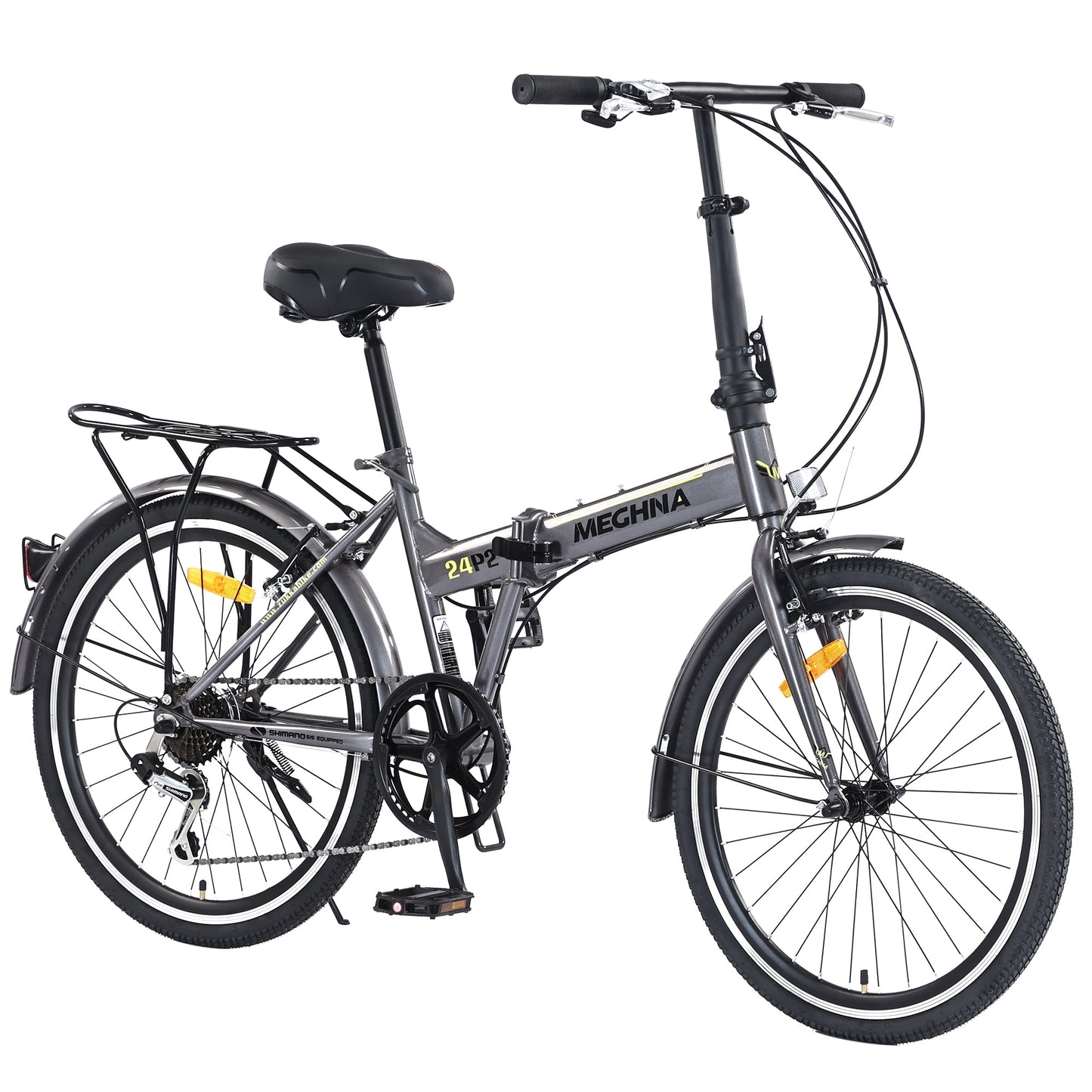 POVANLI 24 inch Folding City Commuting Bicycle for 5'1"-6'6" Adult, 7 Speed Lightweight Durable Steel Frame Bike with Derailleur, V Brakes & Anti-Slip Tires for Men, Women, Students for Gift (Grey)