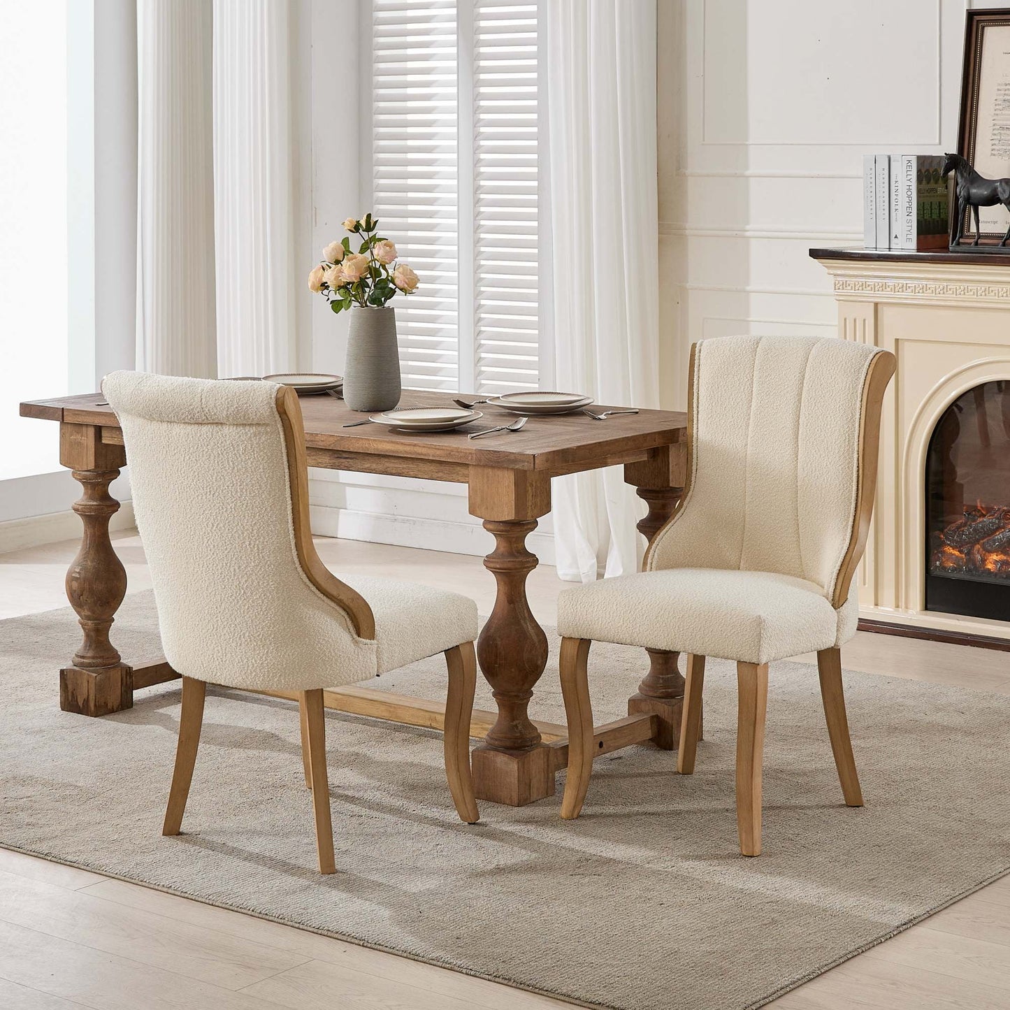 GAKMCIL Mid-Century Snow Velvet Upholstered Dining Chairs (Set of 2) with Curved Wood Trim, Sculpted Legs, Weight Capacity 300lb Load for Dining Room and Kitchen (Beige)