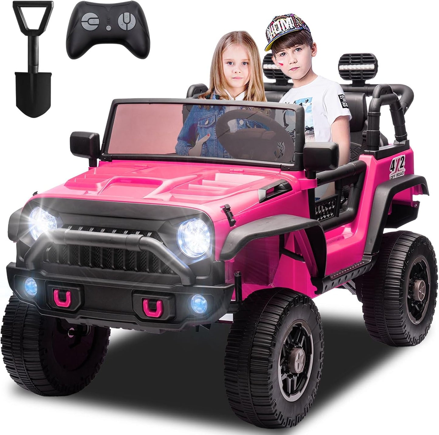 POVANLI 24V 2 Seater Ride on Toys for Kids, Electric Truck w/Remote Control, 20.28" Wide Seat, 2x200W Motor, 5 Mph Max Speed, Bluetooth, MP3, Belts, Lights, Power Car Wheels for Boys and Girls, Pink