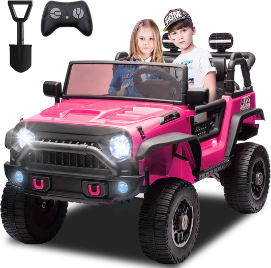 POVANLI 24V 2 Seater Ride on Toys for Kids, Electric Truck w/Remote Control, 20.28" Wide Seat, 2x200W Motor, 5 Mph Max Speed, Bluetooth, MP3, Belts, Lights, Power Car Wheels for Boys and Girls, Pink