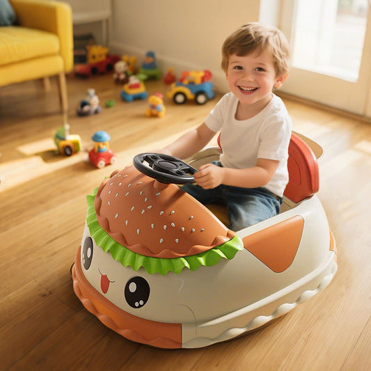CAMSCH 12V Kids Cute Hamburger Design Electric Bumper Car W/Parents Control,Slow Start,Power display,Silent wheel,360°Spin,Anti-rollover,Storing Space,Bluetooth,MP3,USB,LED Lights for Yr 2-5,Gift