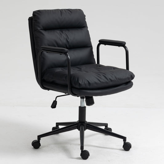 GAKMCIL PU Leather Ergonomic Office Chair, Mid Back Arms Swivel Desk Chair with Double Cushion, Height-Adjustable Seat, Backrest can be Tilted 40°, 350lb Load for Study, Office and Bedroom (Black)
