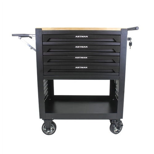 POWANLI 4 Drawers Multifunctional Tool Cart with wheels and Wooden Top, Metal,Suitable for Garages,Warehouses,Workshops,Repair Shops(Black）