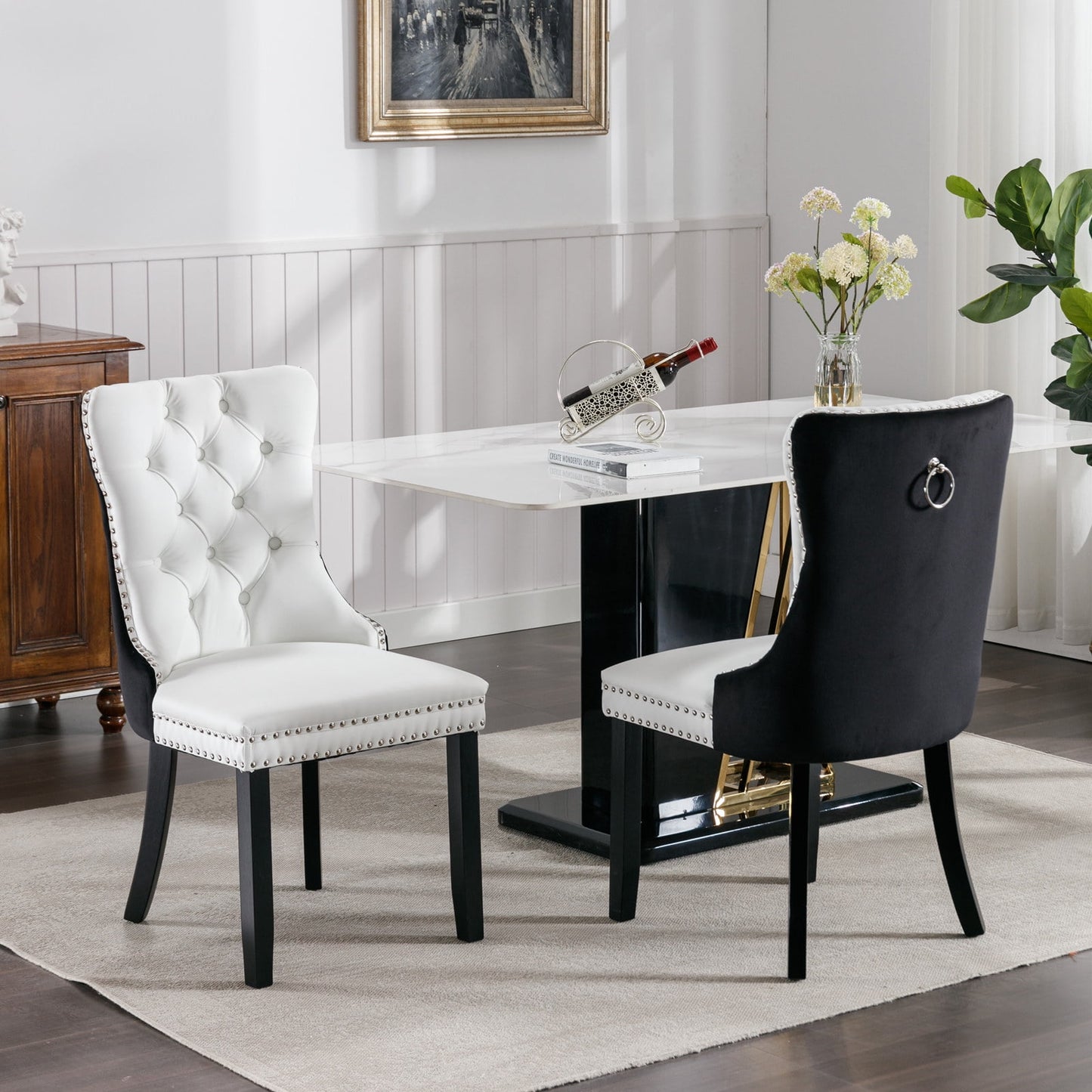 GAKMCIL PU Leather Dining Chairs(Set of 2),Modern Velvet Wood Dining Chair with Nailhead Back and Ring Pull Trim,Solid Wood Legs,350lb Load for Dining Room,Kitchen and Living Room(White&Black)