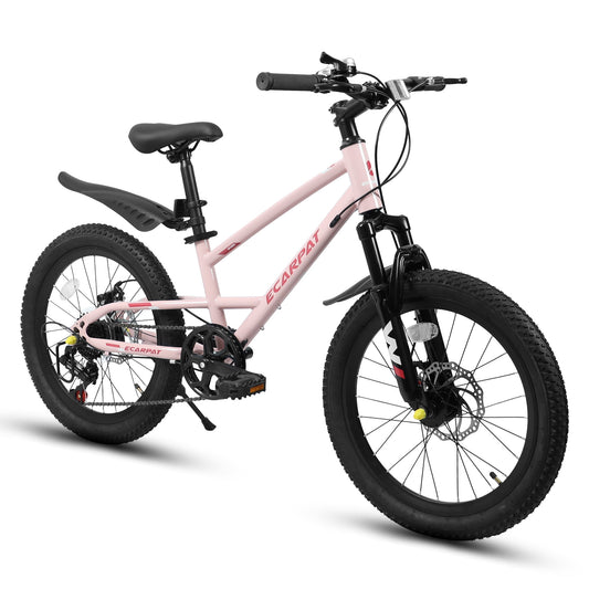 POVANLI 20" Kids Mountain Bike for 5-8 Boys & Girls with 7-Speed, Front Suspension, Dual Disc Brakes and Fender, Children's Lightweight Steel Frame Bicycle, 85% assembled for Children's Gift (Pink)