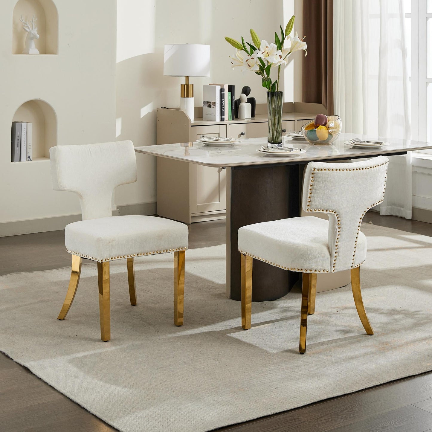 GAKMCIL Chenille Dining Chair, Farmhouse Upholstered Accent Kitchen Side Chairs (Set of 2) with Curved Backrest, Golden Stainless Steel Legs, 300lb Load for Dining Room and Kitchen (Beige)