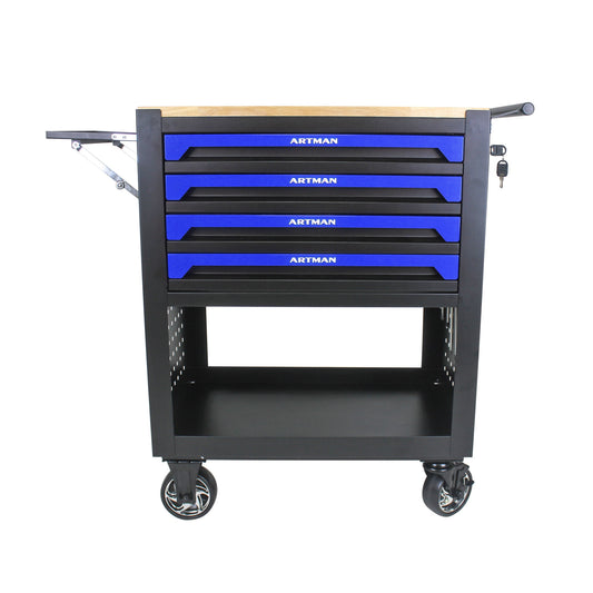 POWANLI 4 Drawers Multifunctional Tool Cart with wheels and Wooden Top, Metal,Suitable for Garages,Warehouses,Workshops,Repair Shops(Black+Blue)