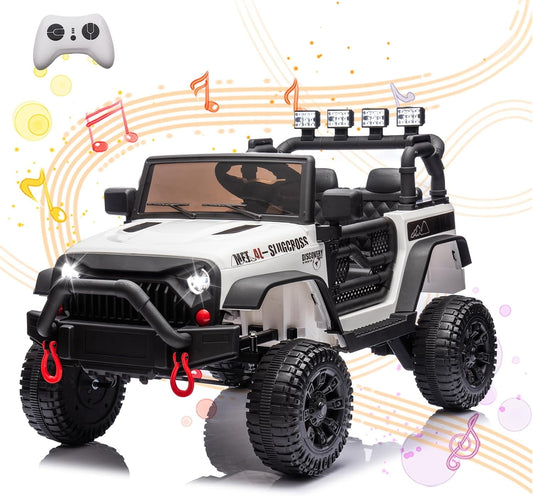 POWANLI 24V Kids Ride on Toy Jeep with Parent Remote, Electric Truck Car for Kid w/ 2*200W Moter, 3 Speeds, LED Lights, Multifunctional Dashboard, Bluetooth Music, USB, Toy Gift for Boy Girl(White)