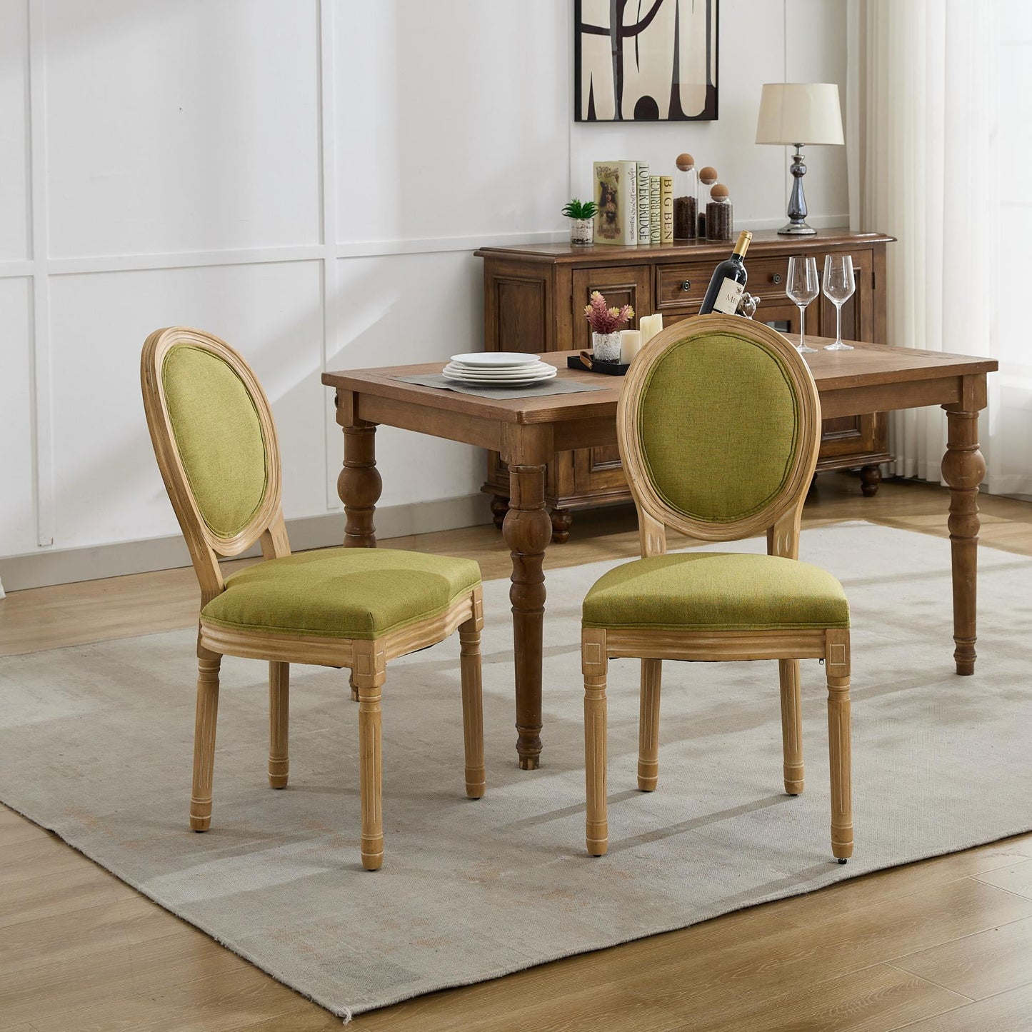 GAKMCIL Fabric Dining Chair, Upholstered Dining Room Chairs, Exquisitely Carved French Solid Wood Frame, Density Foam, Steel Spring Lining, Weight Capacity:300lb, Olive Green (Set of 2)