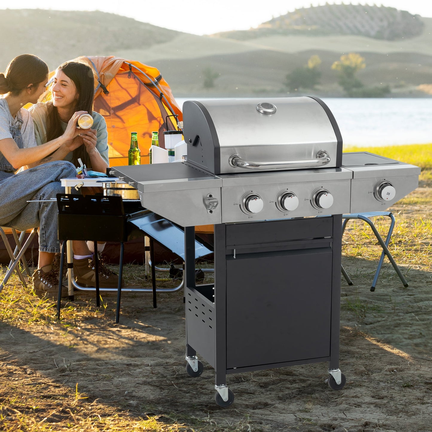 POWANLI Gas Grill & Griddle Combo - 2+2 Multi-function Outdoor Cooking Station with Cover for Camping, Tailgating and Bbqng and Bbq