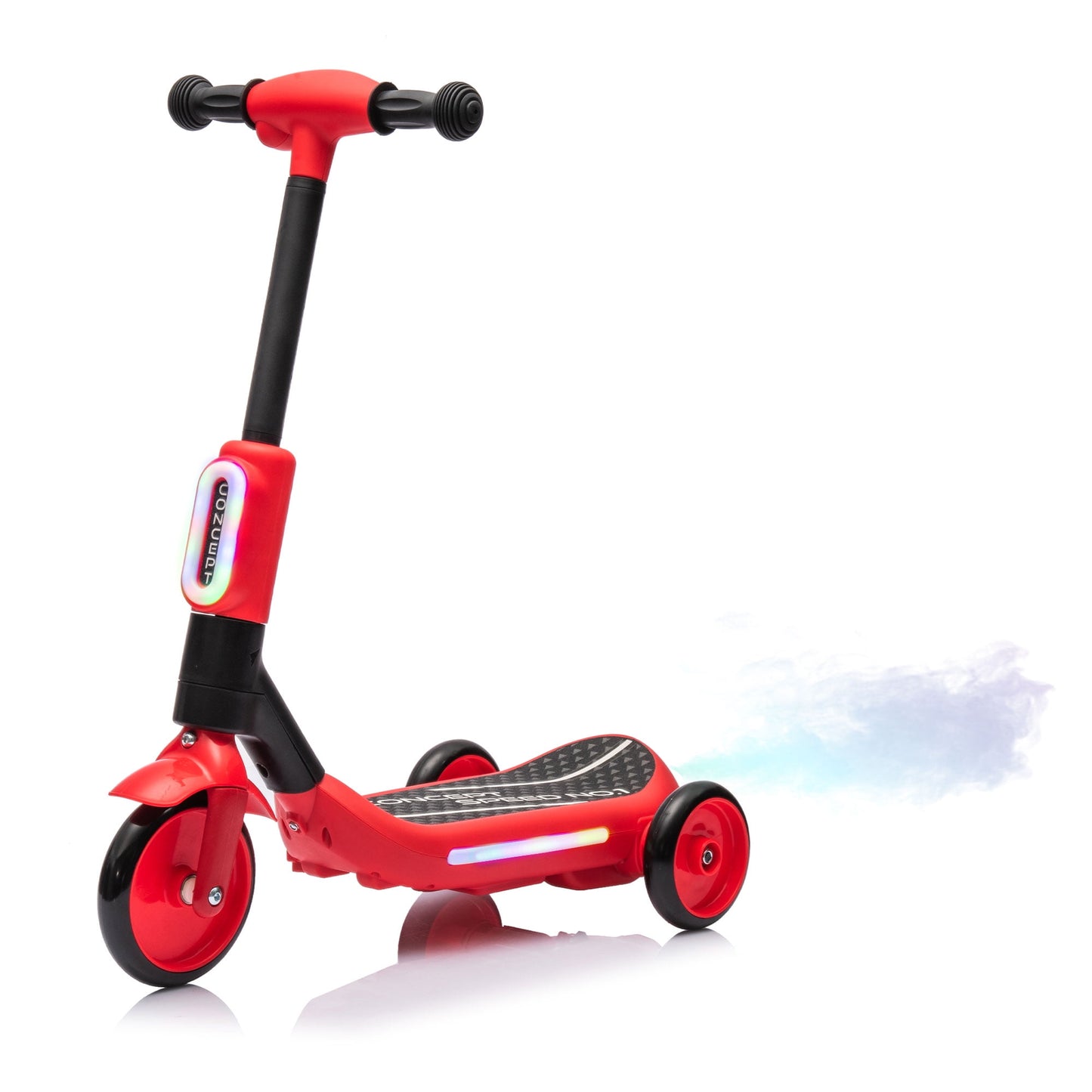 CAMSCH 6V 2in1 Kids Ride on 3 Wheels Balance Electric Scooter,Tail Color Lights W/Spray,Wider Pedal,PU Wheels,Independent Light Switch With Music,One Button Acceleration for Yr 3-6,Gift(Red)