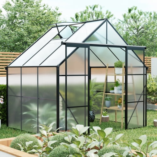 Aurlrtil 8'x6' Polycarbonate Greenhouse with Double Door, Large Aluminum Walk-in Green House for Outdoor Backyard Black