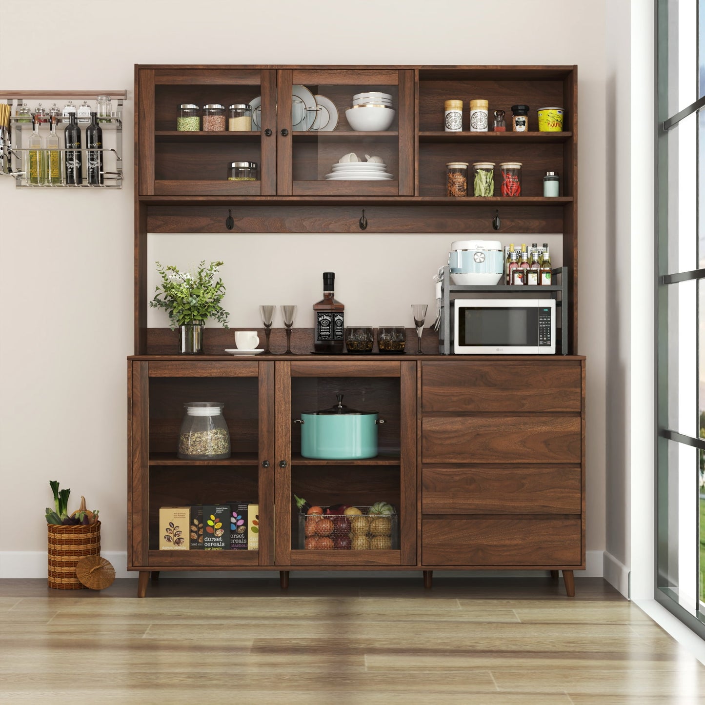 GAKMCIL 63" Large Kitchen Hutch Cabinet – Freestanding Pantry with 4 Doors, 4 Drawers & Microwave Shelf, Multi-Functional Organization Solutions for Home,Garage, or Office – Durable Structure(Walnut)