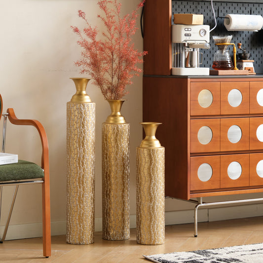 GAKMCIL Metal Decorative Tall Floor Vase for Flowers, Large Metal Glazed Vase, High distress metal center vases, Vases for Home Decoration (Set of 3 34 ", 29 ", 25 "H) (Gold）