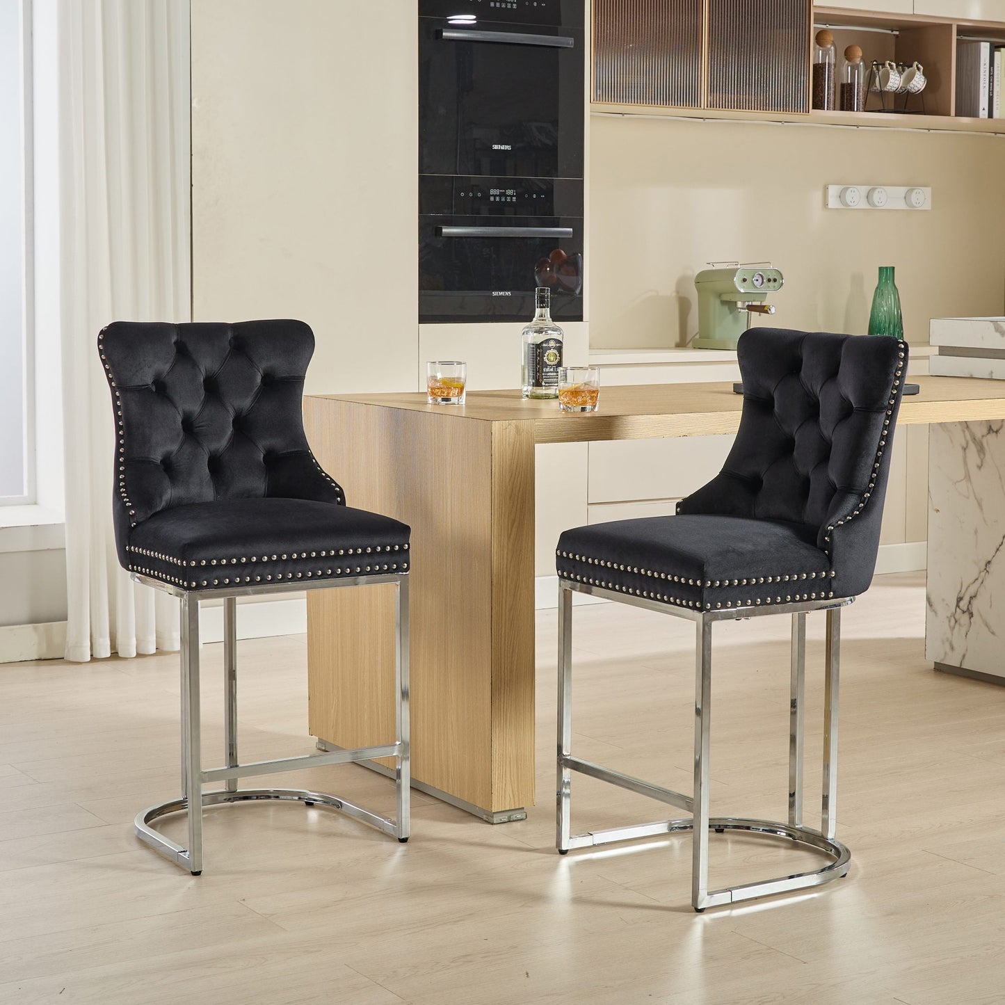 GAKMCIL 25" Modern Velvet Upholstered Barstools, Wingback Bar Chairs with Button Back, Rivet Trim and Chromed Metal Base Legs, 350lb Load for Home Pub, Kitchen Island, Farmhouse (Set of 2, Black)