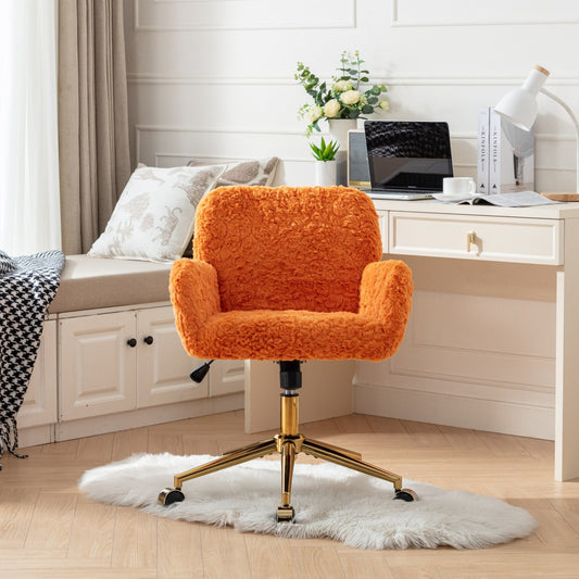 GAKMCIL Artificial Alpaca Wool Home Office Chair, Ergonomic Desk Chair, Vanity Chair with 360 ° Swivel, Arm, Golden Metal, Chassis can be Tilted 40°, 300lb Load for Study, Office, Bedroom (Orange)