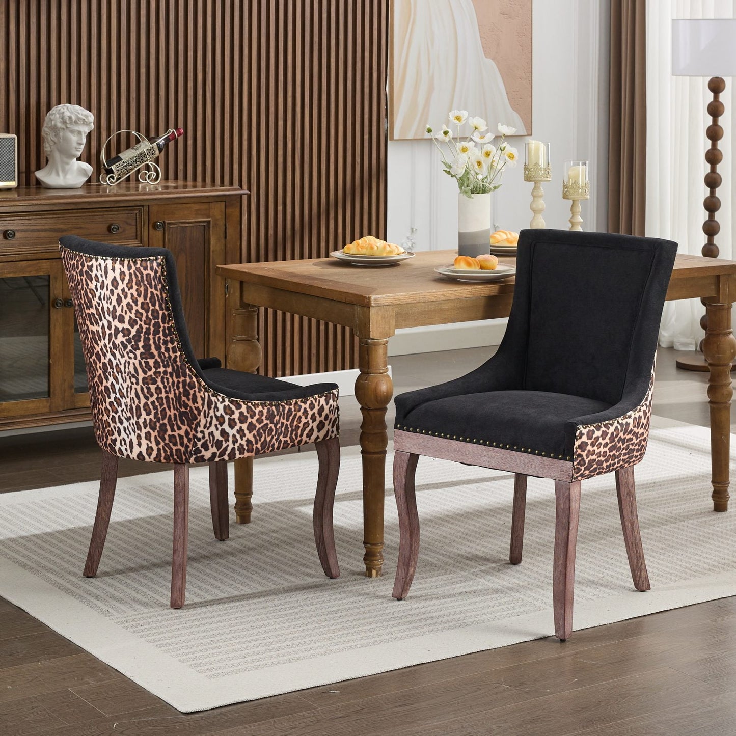 GAKMCIL Upholstered Dining Chairs, Ultra Side Dining Room Chairs with Bronze Nail Head, Tufted Cushion Back Elegant Accent Chairs with Solid Wood Legs, Leopard Print (Set of 2)