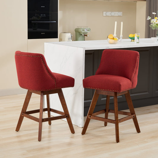 GAKMCIL 26" Counter Height Swivel Barstools, Wood&Fabric Upholstered Bar Chairs, 300lbs Load for Home Pub, Kitchen Island, Dining Room (Set of 2, Wine Red)