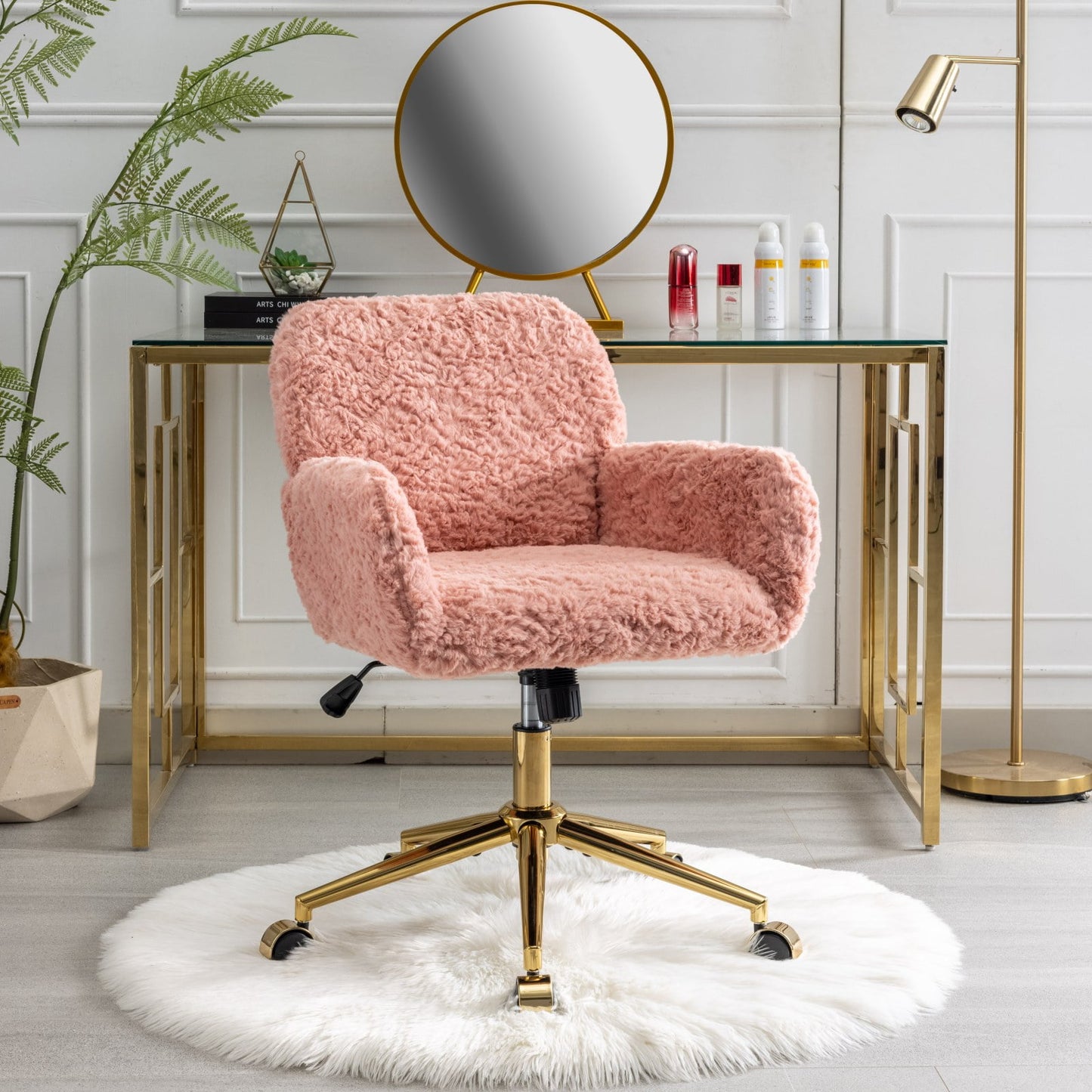 GAKMCIL Artificial Alpaca Wool Home Office Chair, Ergonomic Desk Chair, Vanity Chair with 360 ° Swivel, Arm, Golden Metal, Chassis can be Tilted 40°, 300lb Load for Study, Office, Bedroom (Pink)